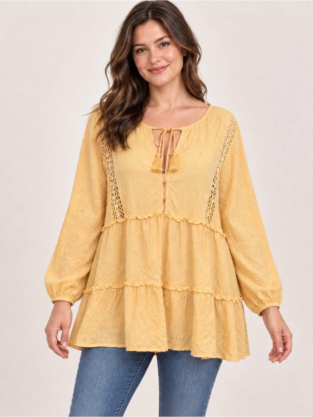 Boho eyelet lace peasant peplum top pastel butter yellow